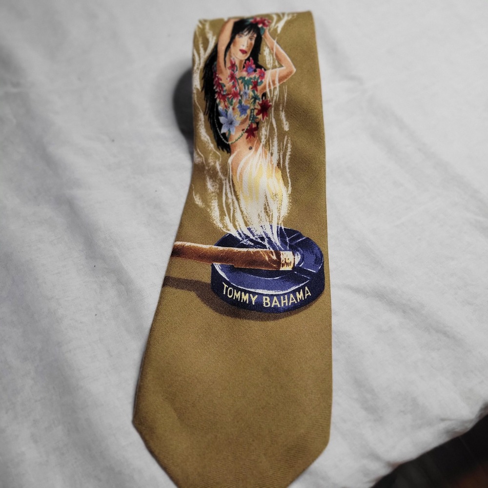 Tommy Bahama Mens Silk Tie Tan Island Girl Cigar Ashtray Graphic